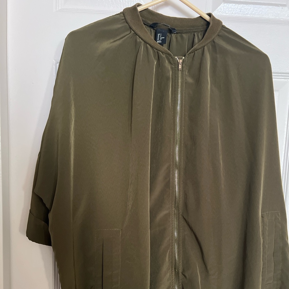 H&M Full Zip Front Short Sleeve Collared Dress Pockets Green Small